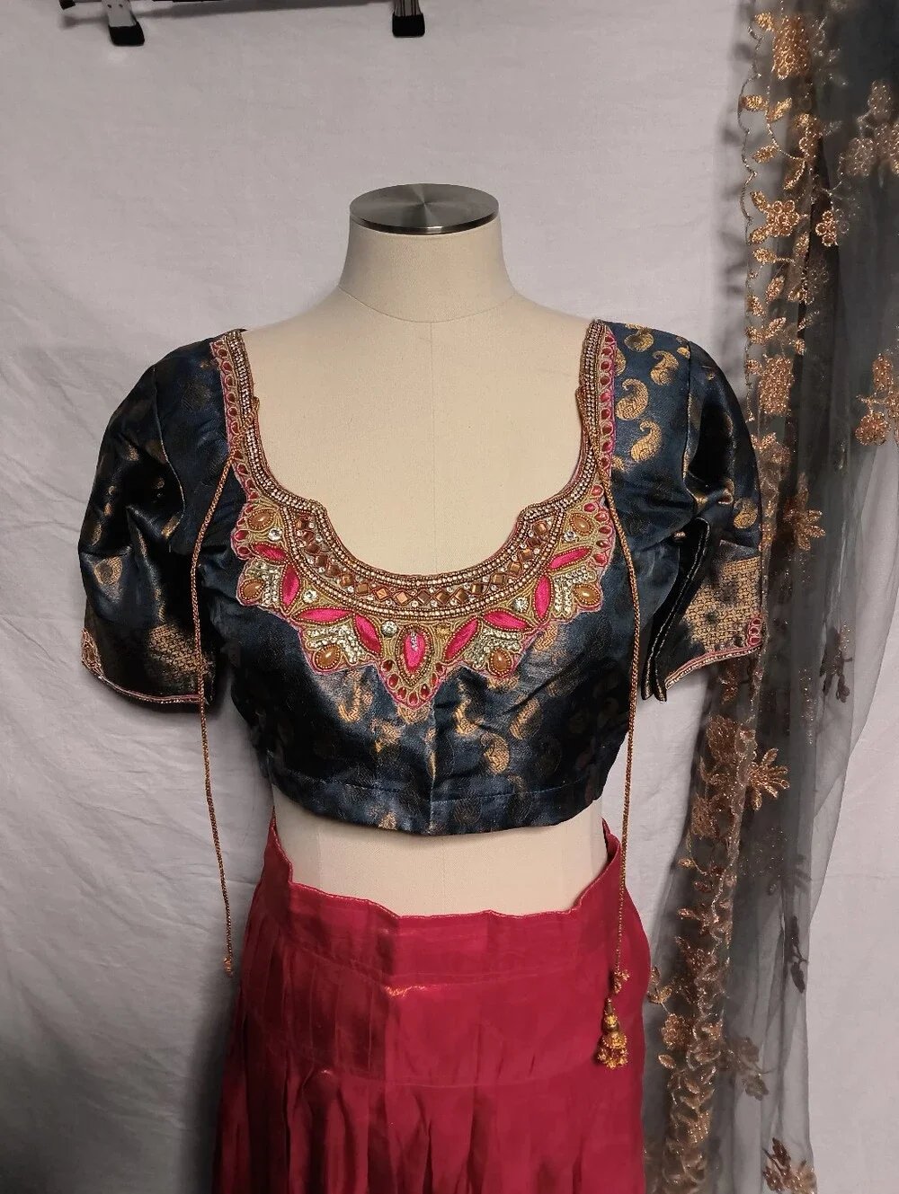 Women's Red And Blue Skirt with Navy Embroidered & Bedazzled Dupatta Choli Sz S